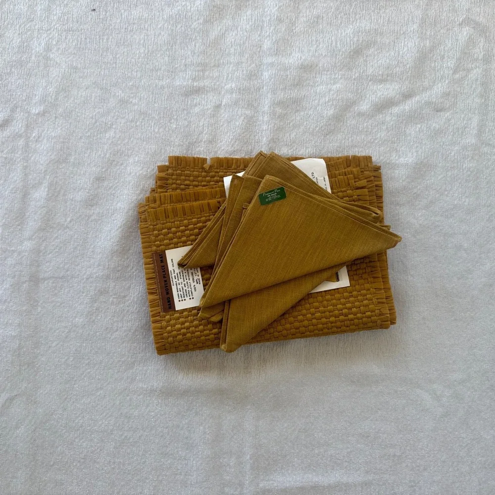 8pc‎ Vintage Japanese MCM Woven Placemats Napkins Set 4 Mustard Gold
